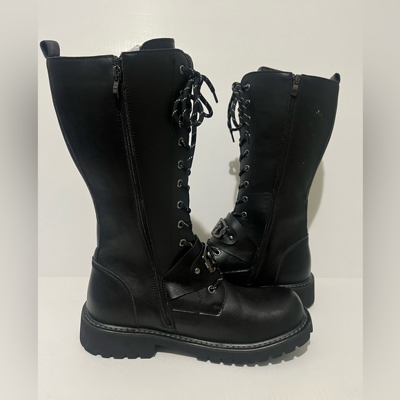 DOC SEIFERT Punk Fashion Motorcycle Edgy Black Boots with Skull and Chains